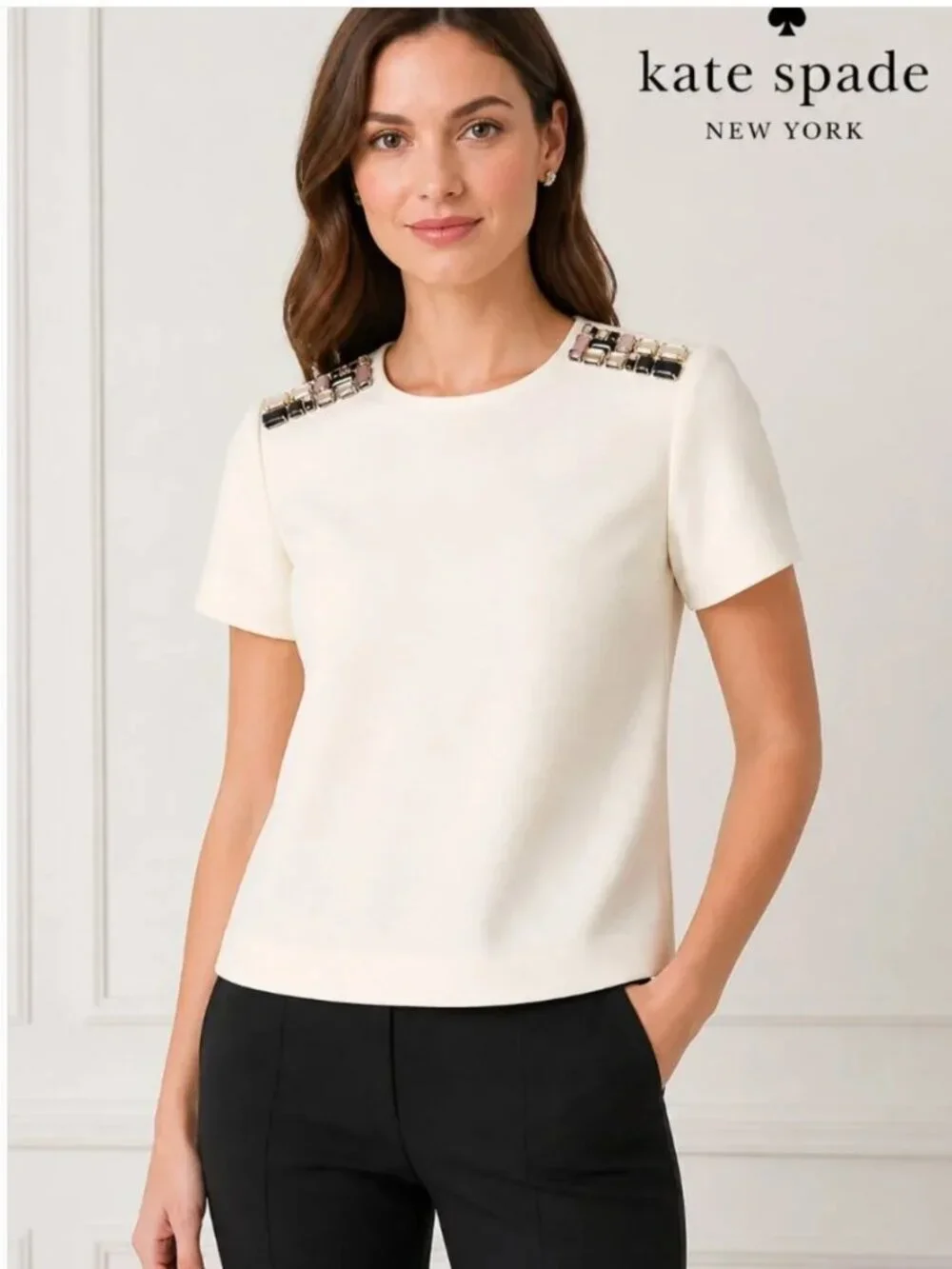Kate Spade Embellished Shoulder Blouse Size 2 Ivory Cream Short Sleeve Top Jewel